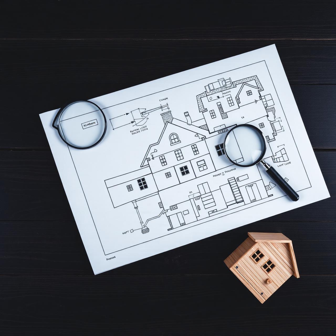 Bouwplan met vergrootglas en houten huismodel